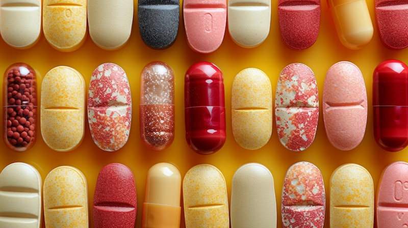 Pills in a variety of colors and shapes. Yellow background with pills.