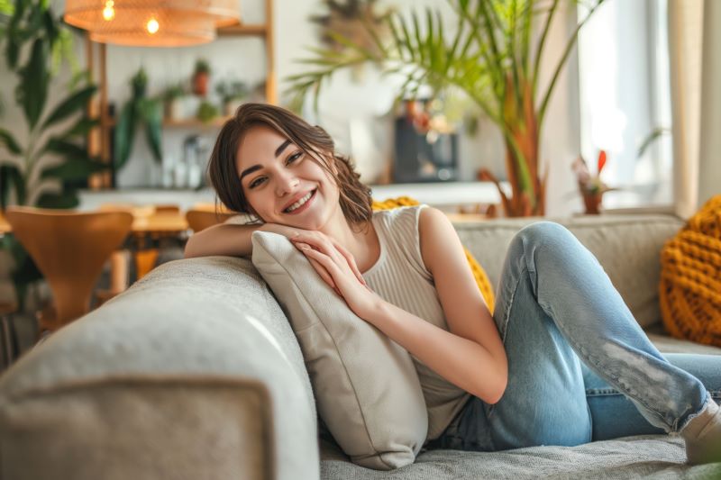 smiling woman sitting on a couch