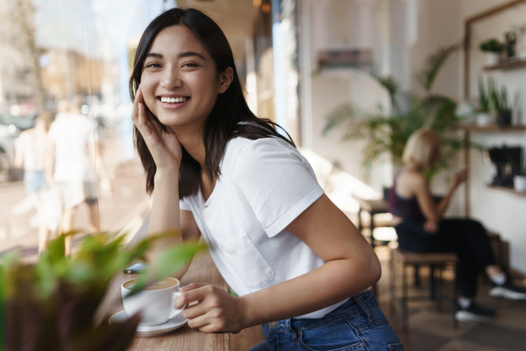 happy woman with holding coffee