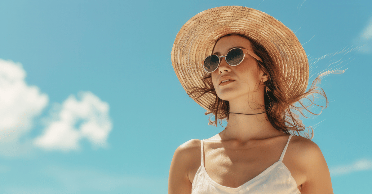 Woman wearing a white top with a hat and sunglasses with the blue sky in the background. Summer time