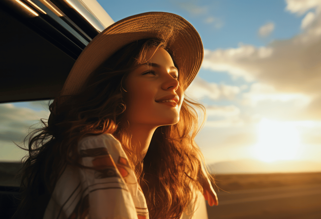 Beautiful smiling young woman in a hat looking out the window of a car during sunset